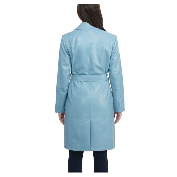 NVLT Vegan Trench Coat Womens L Blue Faux Leather Lined Contemporary - Picture 12 of 12